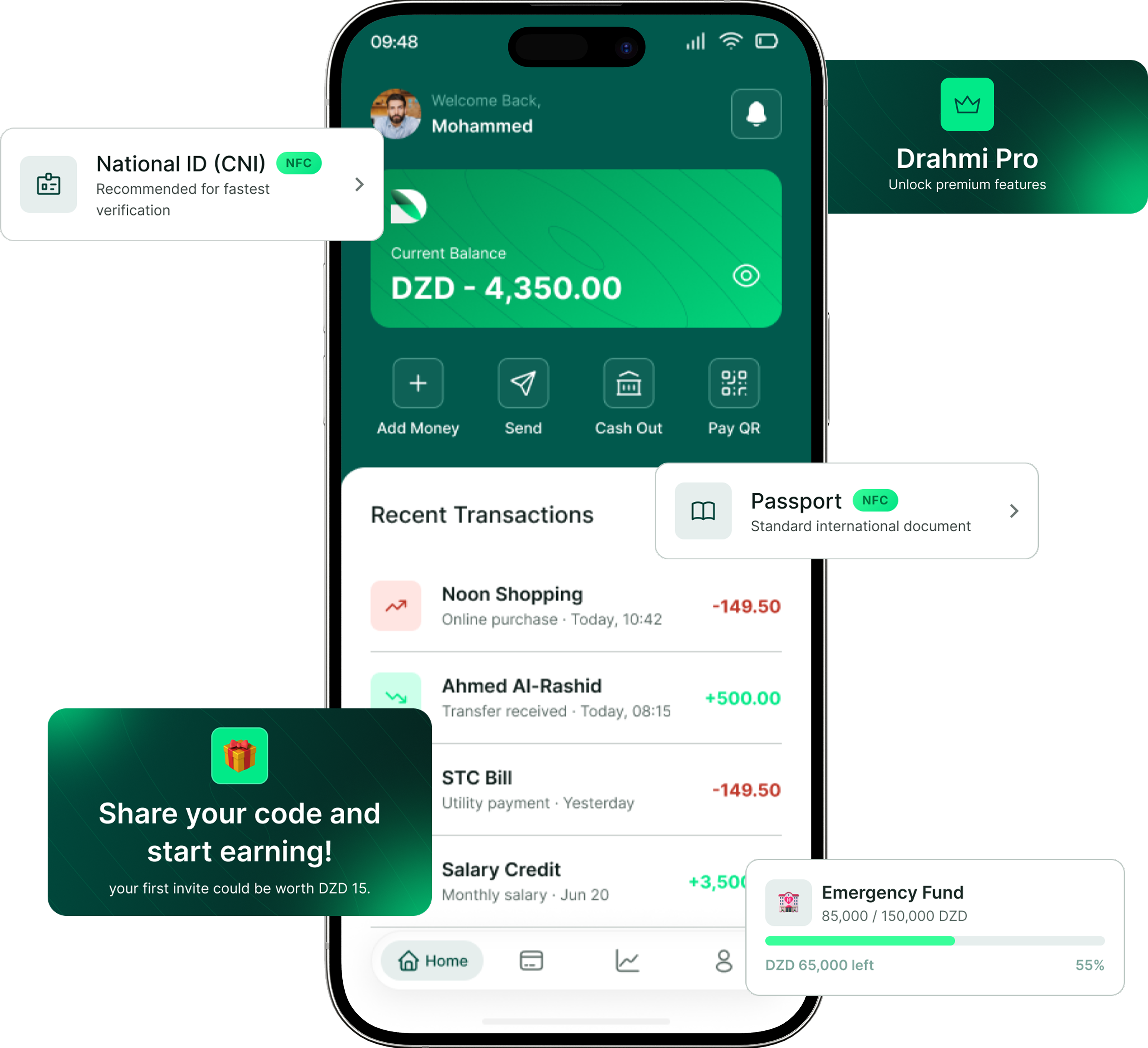 Drahmi home screen: current balance, quick actions, recent transactions