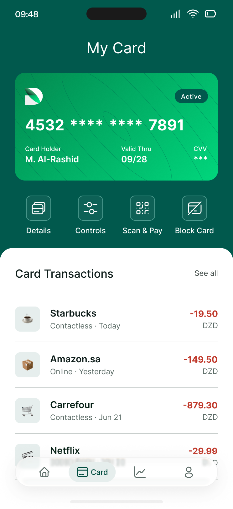 The Drahmi card, with controls and recent card transactions.