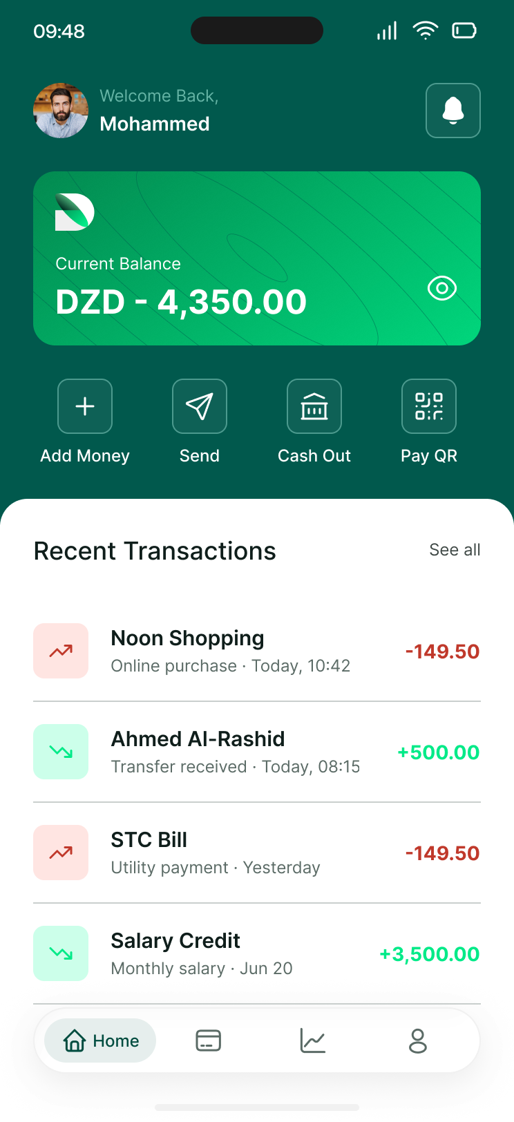 The Drahmi home screen: current balance, quick actions and recent transactions.