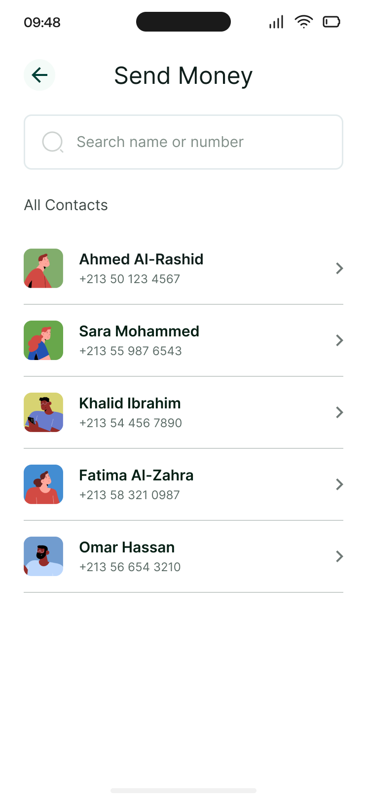 Choosing a contact to send money to.