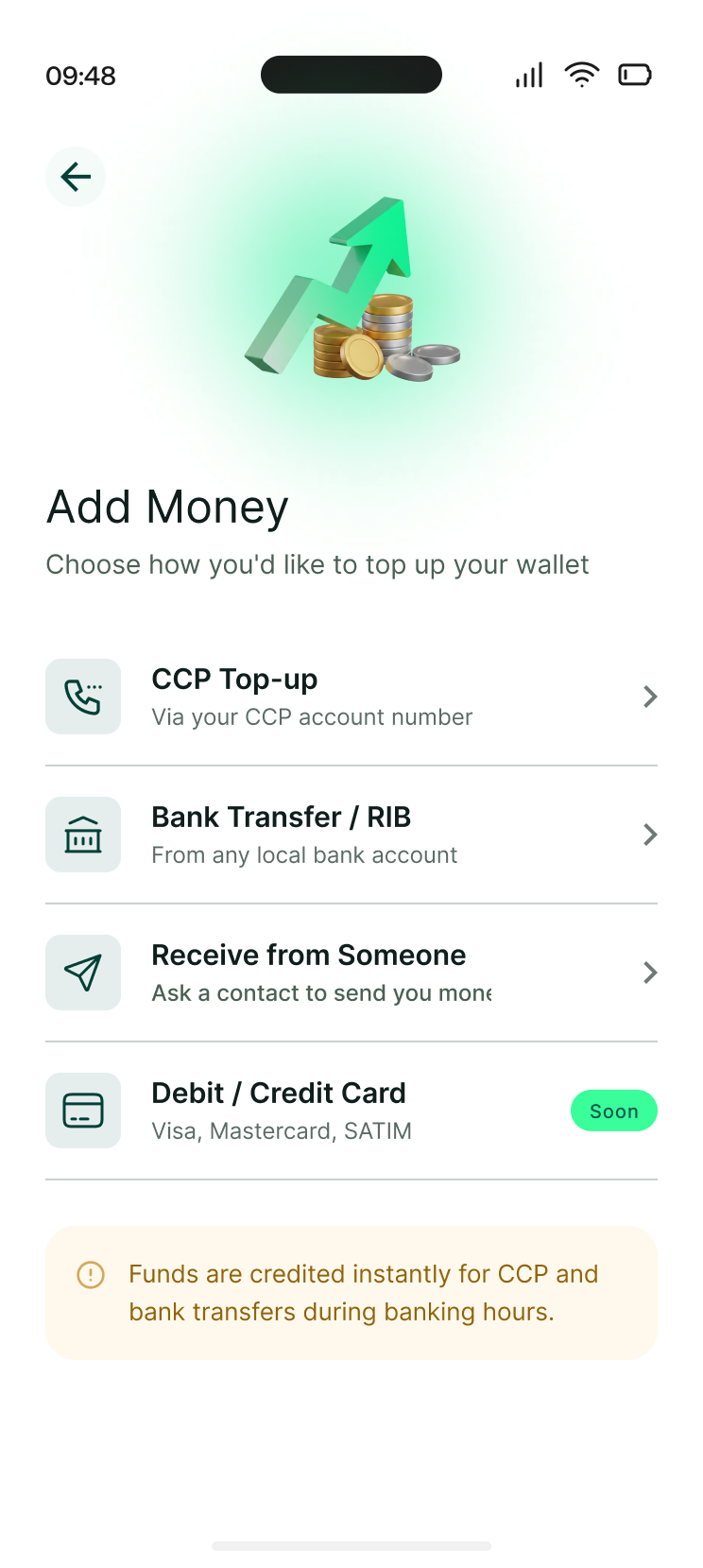 Choosing how to add money to the wallet.